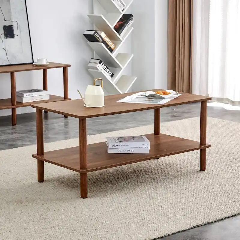 Table Basse à 2 Niveaux Burly Wood avec Pieds en Hévéa, 1–2 Places