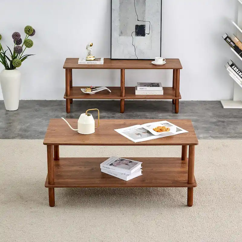 Table Basse à 2 Niveaux Burly Wood avec Pieds en Hévéa, 1–2 Places