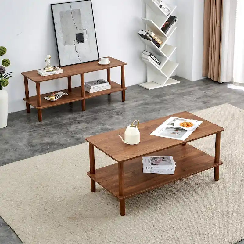 Table Basse à 2 Niveaux Burly Wood avec Pieds en Hévéa, 1–2 Places