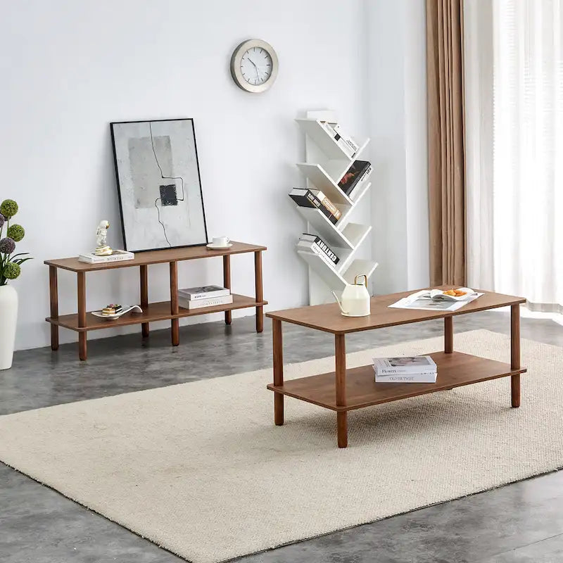 Table Basse à 2 Niveaux Burly Wood avec Pieds en Hévéa, 1–2 Places