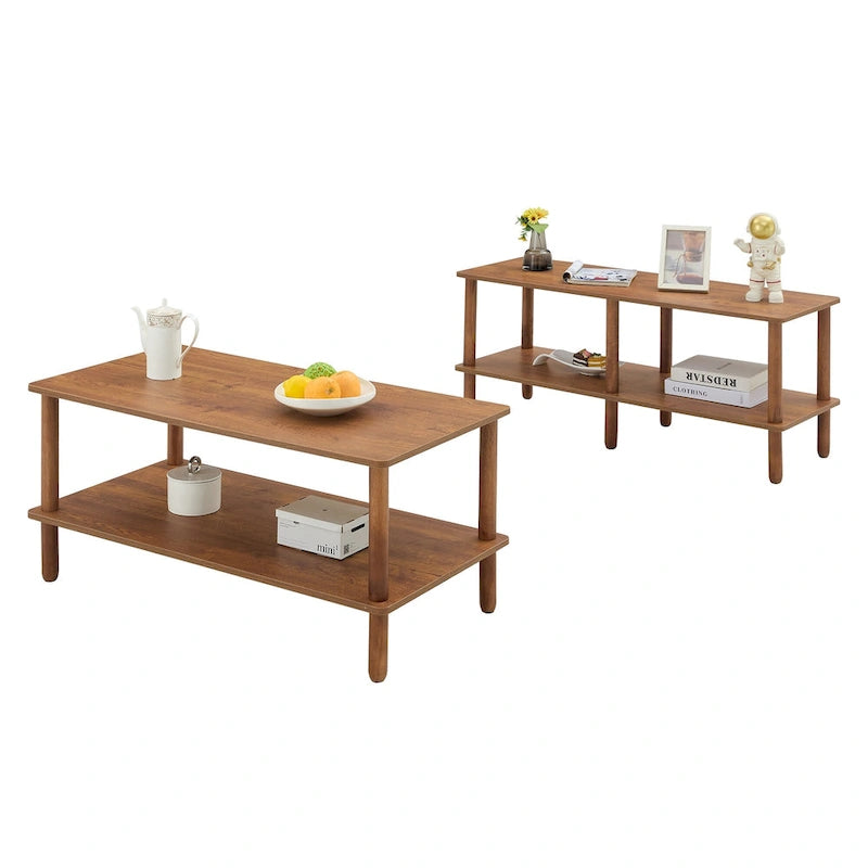 Table Basse à 2 Niveaux Burly Wood avec Pieds en Hévéa, 1–2 Places
