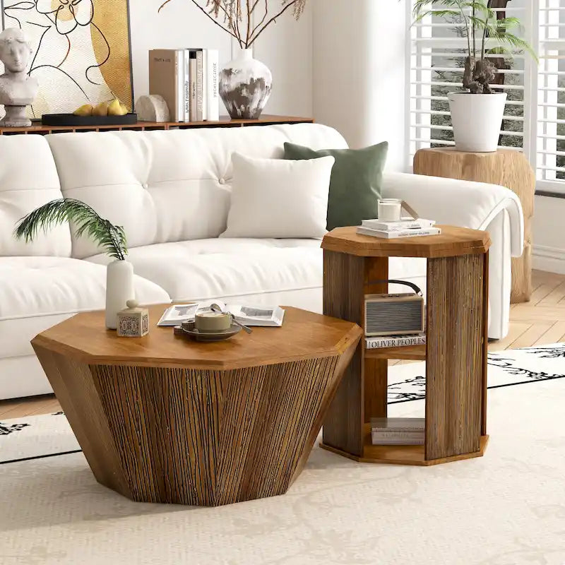 Tables basses gigognes octogonales en bois massif naturel (Lot de 2)