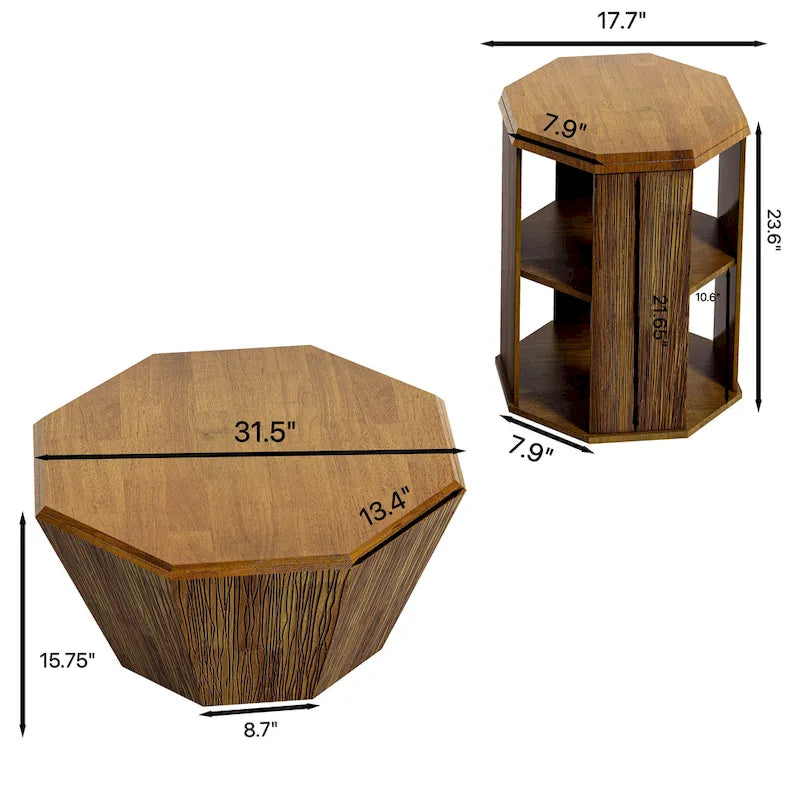 Tables basses gigognes octogonales en bois massif naturel (Lot de 2)