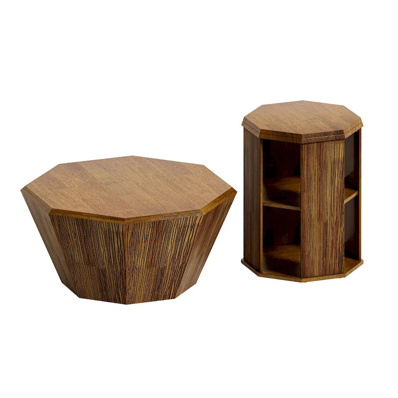 Tables basses gigognes octogonales en bois massif naturel (Lot de 2)