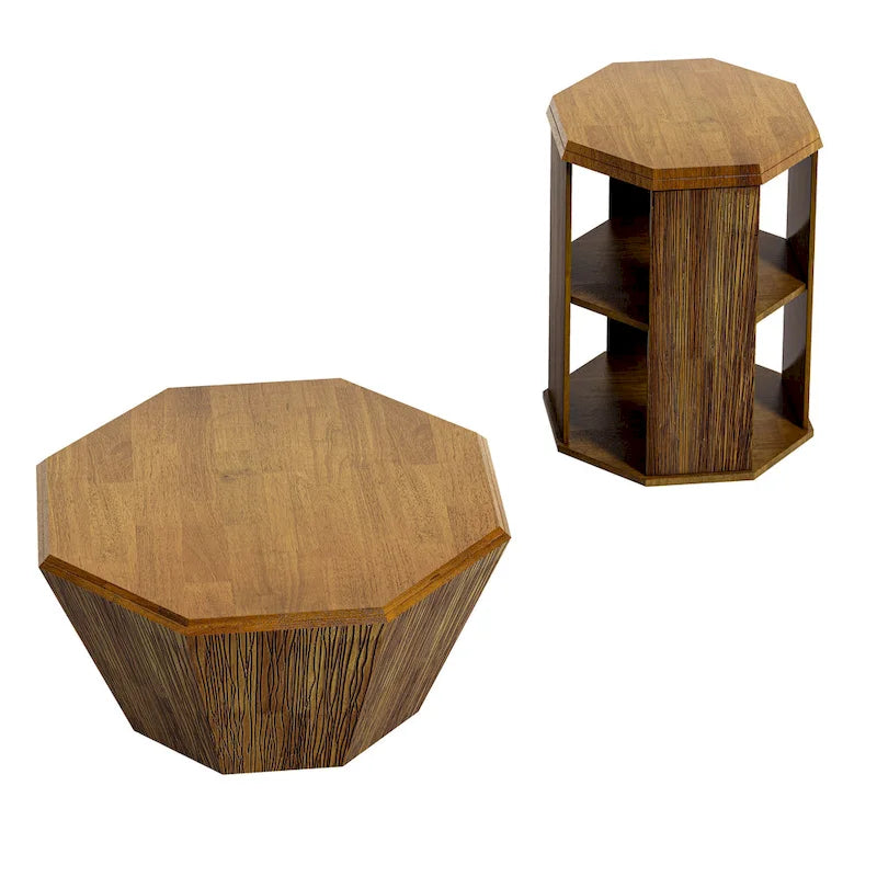 Tables basses gigognes octogonales en bois massif naturel (Lot de 2)