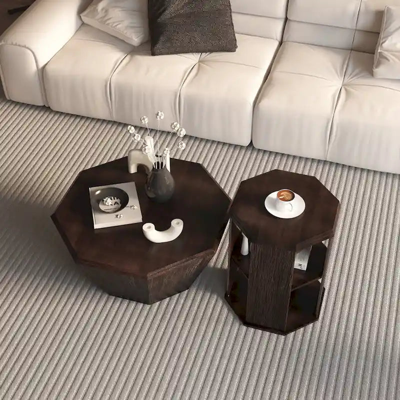Tables basses gigognes octogonales en bois massif naturel (Lot de 2)