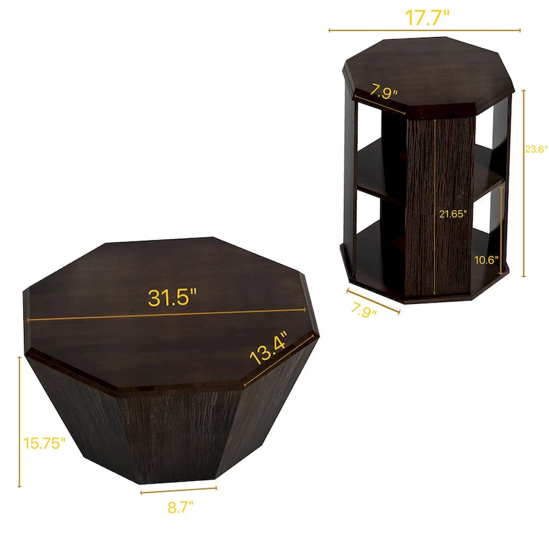 Tables basses gigognes octogonales en bois massif naturel (Lot de 2)