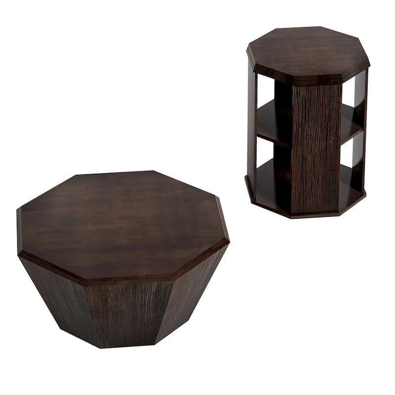 Tables basses gigognes octogonales en bois massif naturel (Lot de 2)