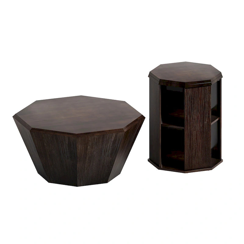Tables basses gigognes octogonales en bois massif naturel (Lot de 2)