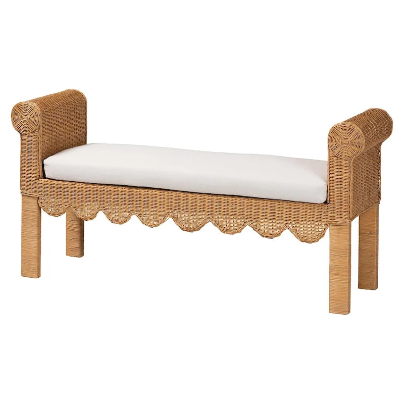 Banc d'appoint en rotin tressé à la main, couleur miel clair, avec accoudoirs festonnés – 2 places