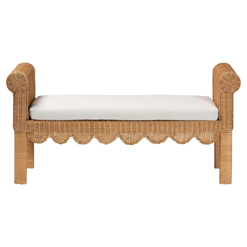 Banc d'appoint en rotin tressé à la main, couleur miel clair, avec accoudoirs festonnés – 2 places
