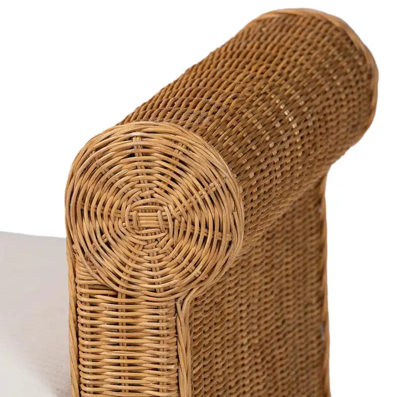 Banc d'appoint en rotin tressé à la main, couleur miel clair, avec accoudoirs festonnés – 2 places