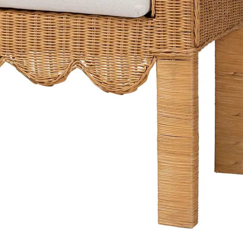 Banc d'appoint en rotin tressé à la main, couleur miel clair, avec accoudoirs festonnés – 2 places