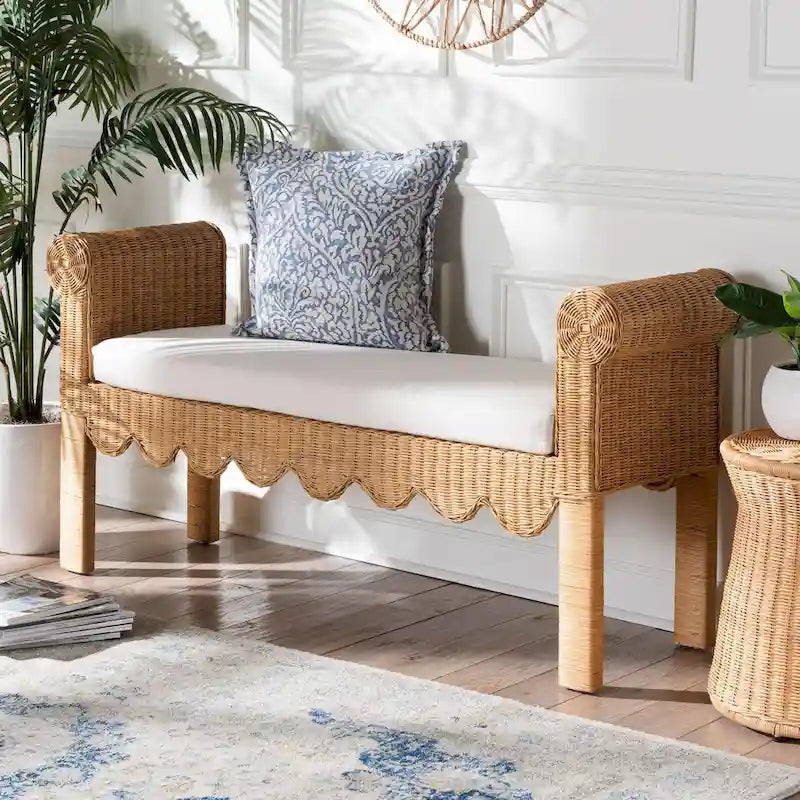 Banc d'appoint en rotin tressé à la main, couleur miel clair, avec accoudoirs festonnés – 2 places