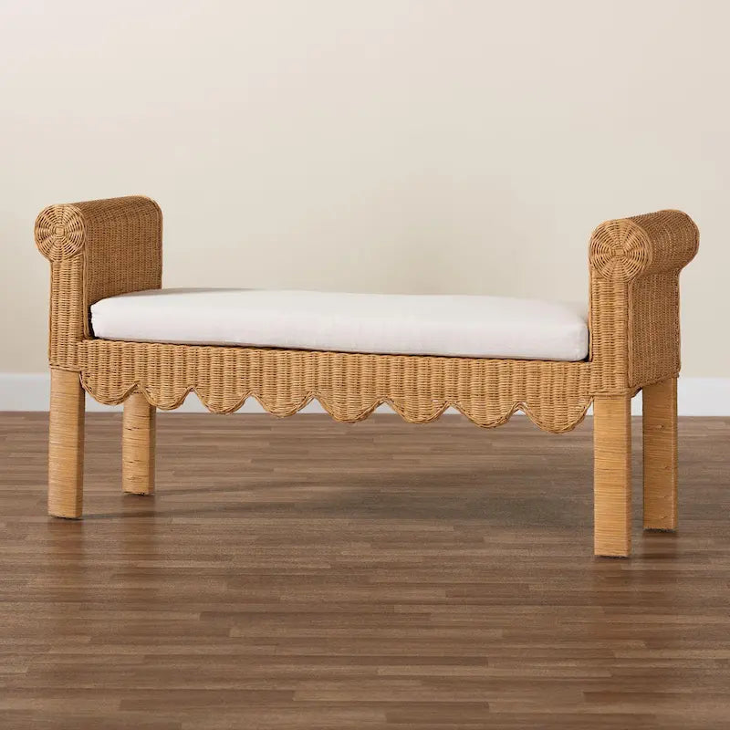Banc d'appoint en rotin tressé à la main, couleur miel clair, avec accoudoirs festonnés – 2 places
