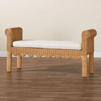 Banc d'appoint en rotin tressé à la main, couleur miel clair, avec accoudoirs festonnés – 2 places
