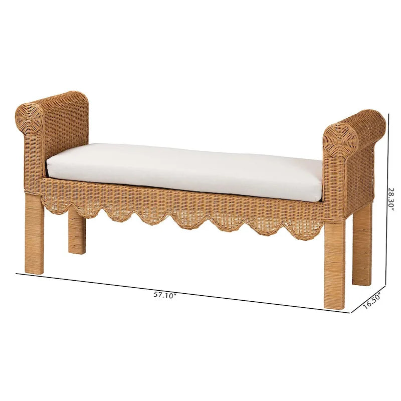 Banc d'appoint en rotin tressé à la main, couleur miel clair, avec accoudoirs festonnés – 2 places