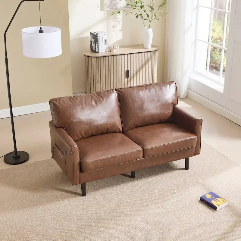 Canapé deux places loveseat en bouclette marron avec ports USB