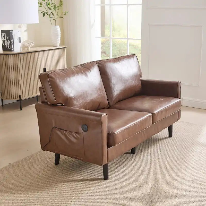 Canapé deux places loveseat en bouclette marron avec ports USB