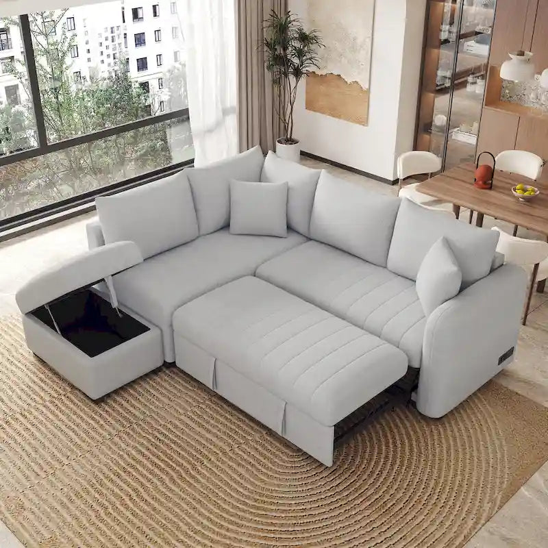 Canapé-lit d'angle 3-4 places beige/gris, avec ports USB et pouf de rangement