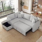 Canapé-lit d'angle 3-4 places beige/gris, avec ports USB et pouf de rangement