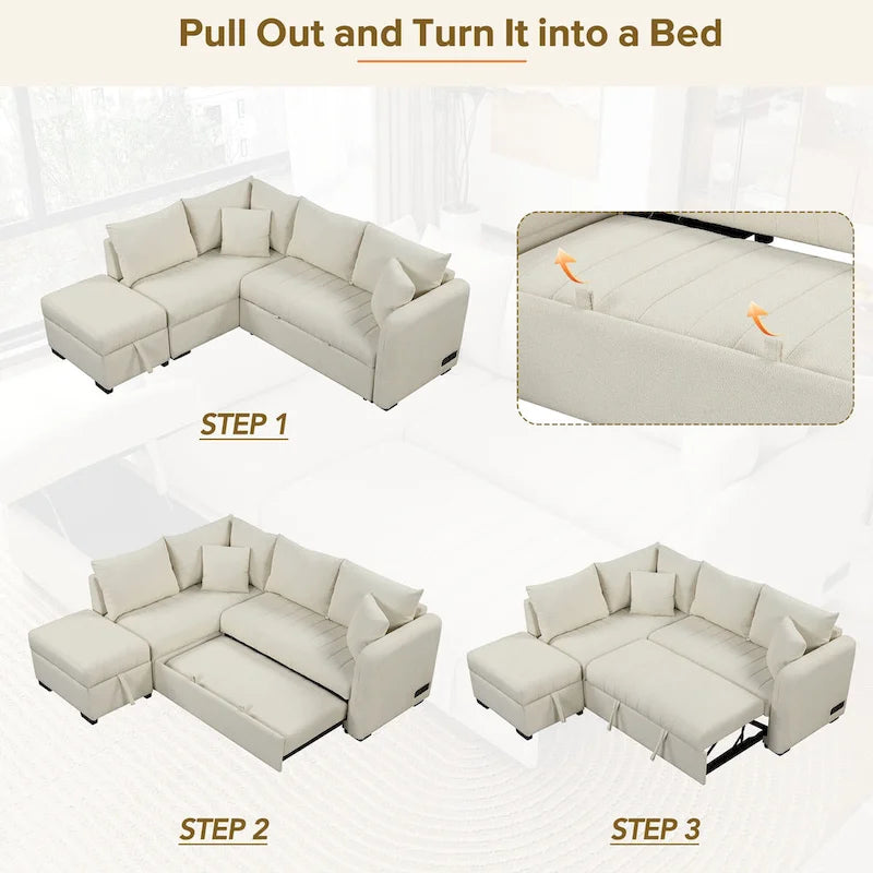 Canapé-lit d'angle 3-4 places beige/gris, avec ports USB et pouf de rangement