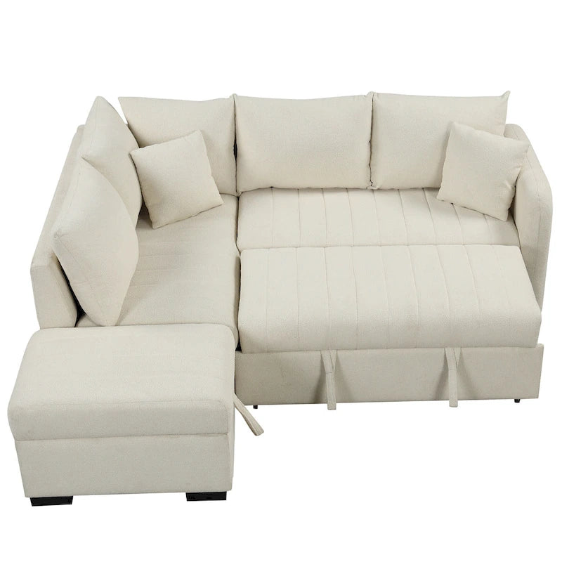 Canapé-lit d'angle 3-4 places beige/gris, avec ports USB et pouf de rangement