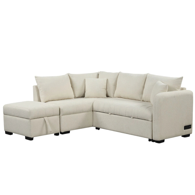 Canapé-lit d'angle 3-4 places beige/gris, avec ports USB et pouf de rangement