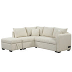 Canapé-lit d'angle 3-4 places beige/gris, avec ports USB et pouf de rangement
