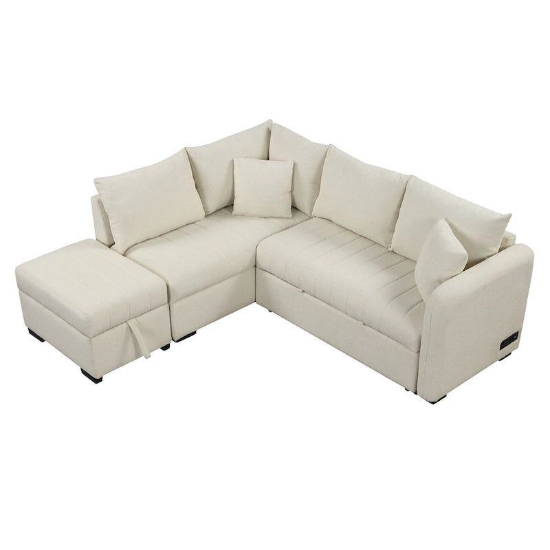 Canapé-lit d'angle 3-4 places beige/gris, avec ports USB et pouf de rangement