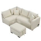 Canapé-lit d'angle 3-4 places beige/gris, avec ports USB et pouf de rangement