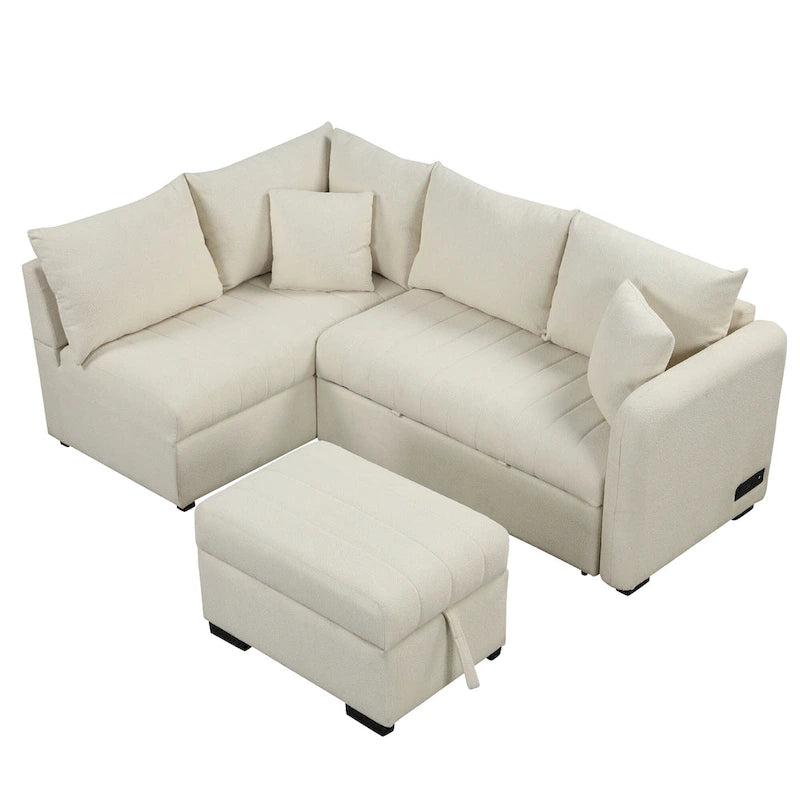 Canapé-lit d'angle 3-4 places beige/gris, avec ports USB et pouf de rangement