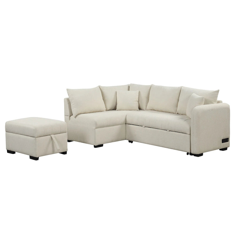 Canapé-lit d'angle 3-4 places beige/gris, avec ports USB et pouf de rangement