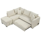 Canapé-lit d'angle 3-4 places beige/gris, avec ports USB et pouf de rangement
