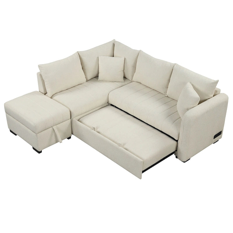 Canapé-lit d'angle 3-4 places beige/gris, avec ports USB et pouf de rangement