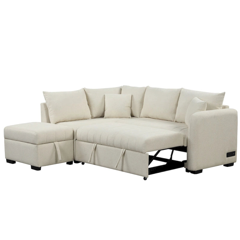 Canapé-lit d'angle 3-4 places beige/gris, avec ports USB et pouf de rangement