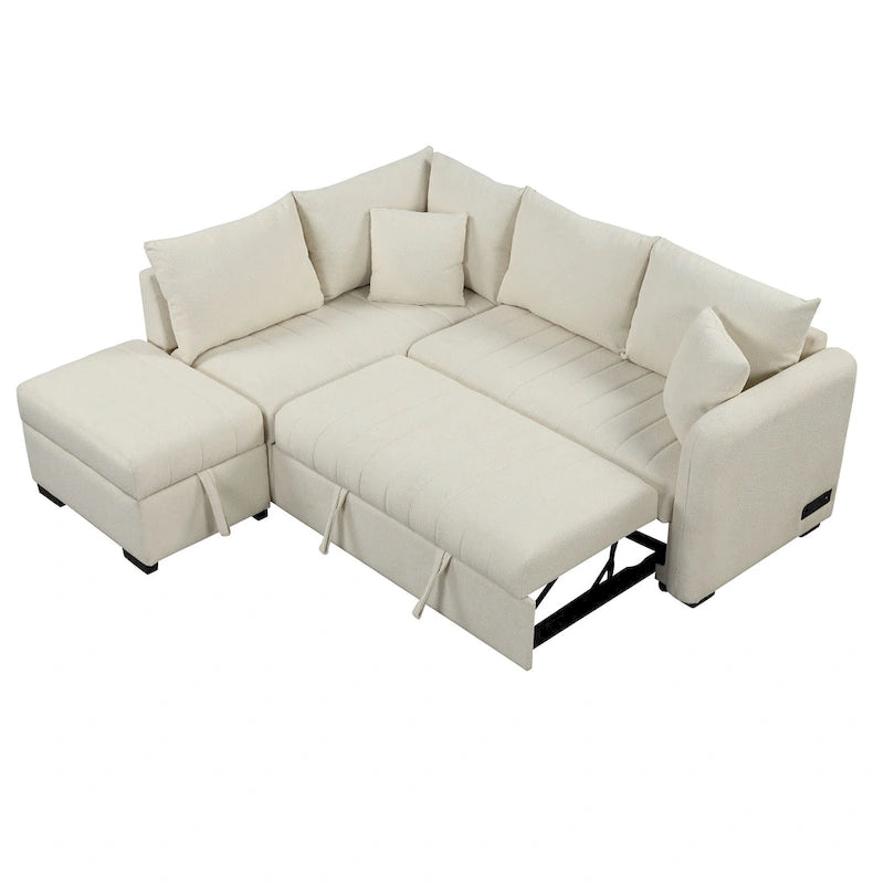 Canapé-lit d'angle 3-4 places beige/gris, avec ports USB et pouf de rangement
