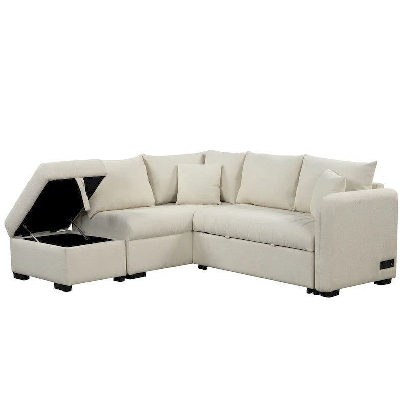 Canapé-lit d'angle 3-4 places beige/gris, avec ports USB et pouf de rangement