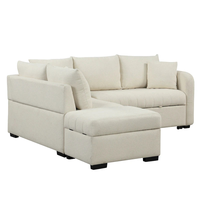 Canapé-lit d'angle 3-4 places beige/gris, avec ports USB et pouf de rangement