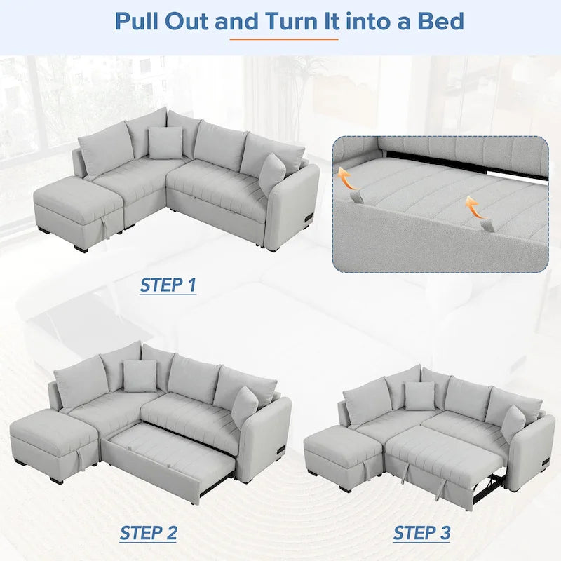 Canapé-lit d'angle 3-4 places beige/gris, avec ports USB et pouf de rangement