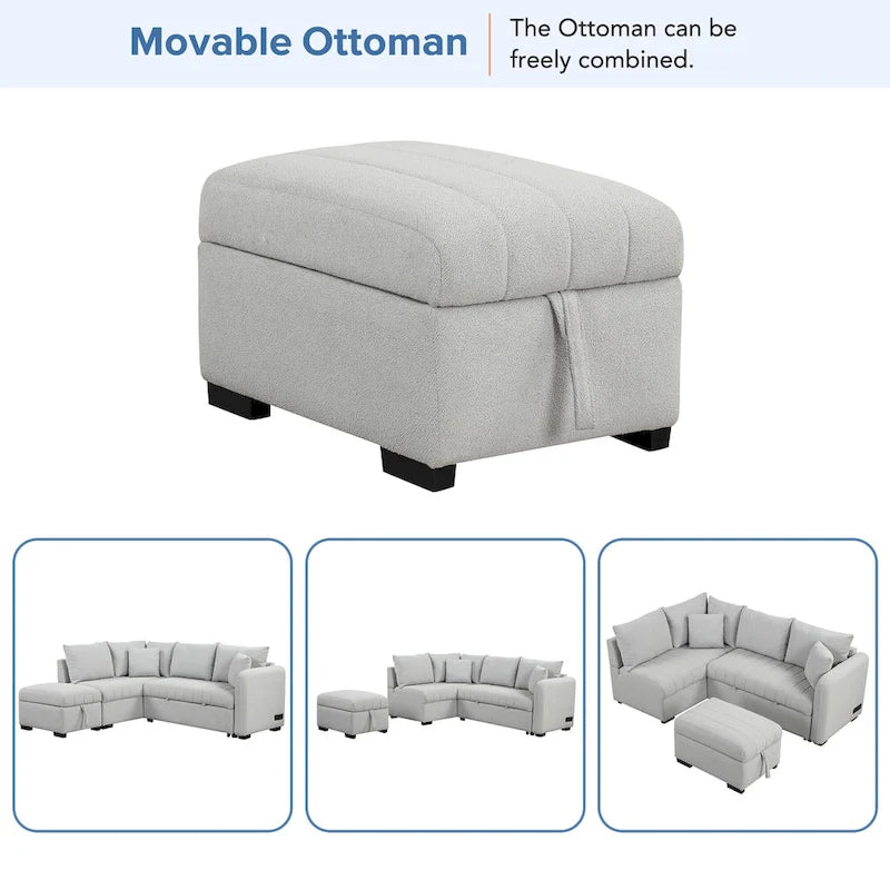 Canapé-lit d'angle 3-4 places beige/gris, avec ports USB et pouf de rangement