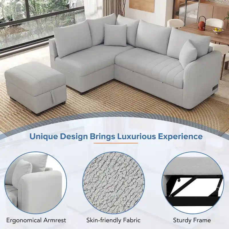Canapé-lit d'angle 3-4 places beige/gris, avec ports USB et pouf de rangement