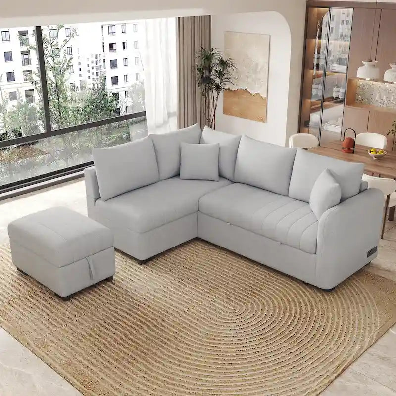 Canapé-lit d'angle 3-4 places beige/gris, avec ports USB et pouf de rangement