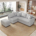 Canapé-lit d'angle 3-4 places beige/gris, avec ports USB et pouf de rangement