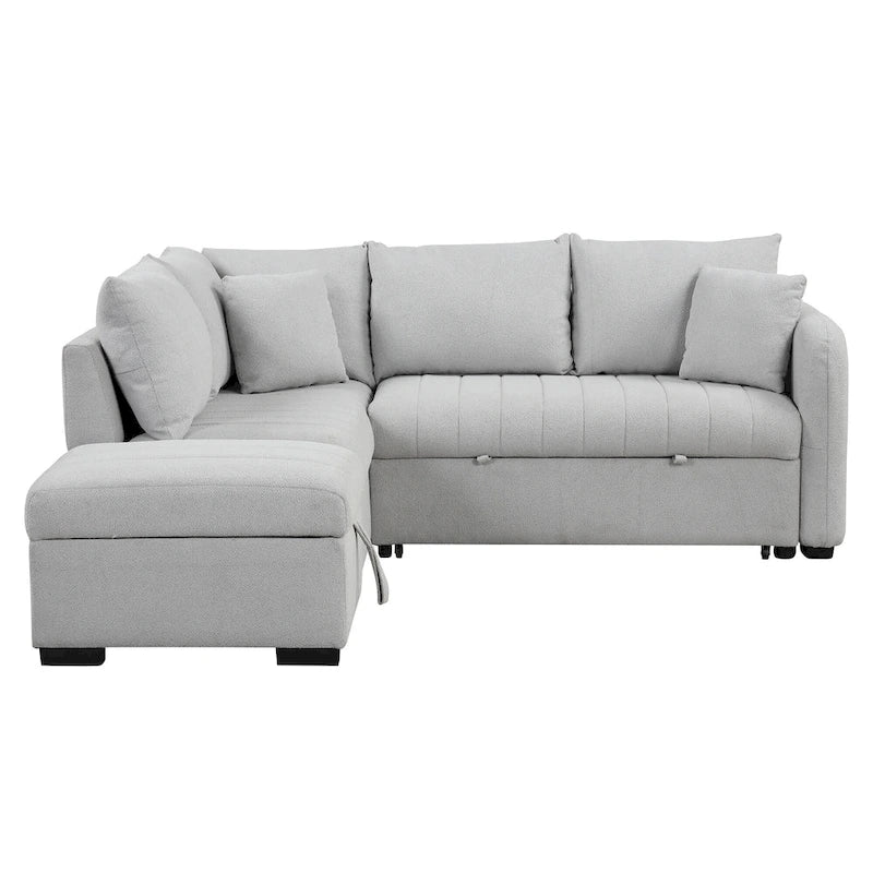 Canapé-lit d'angle 3-4 places beige/gris, avec ports USB et pouf de rangement