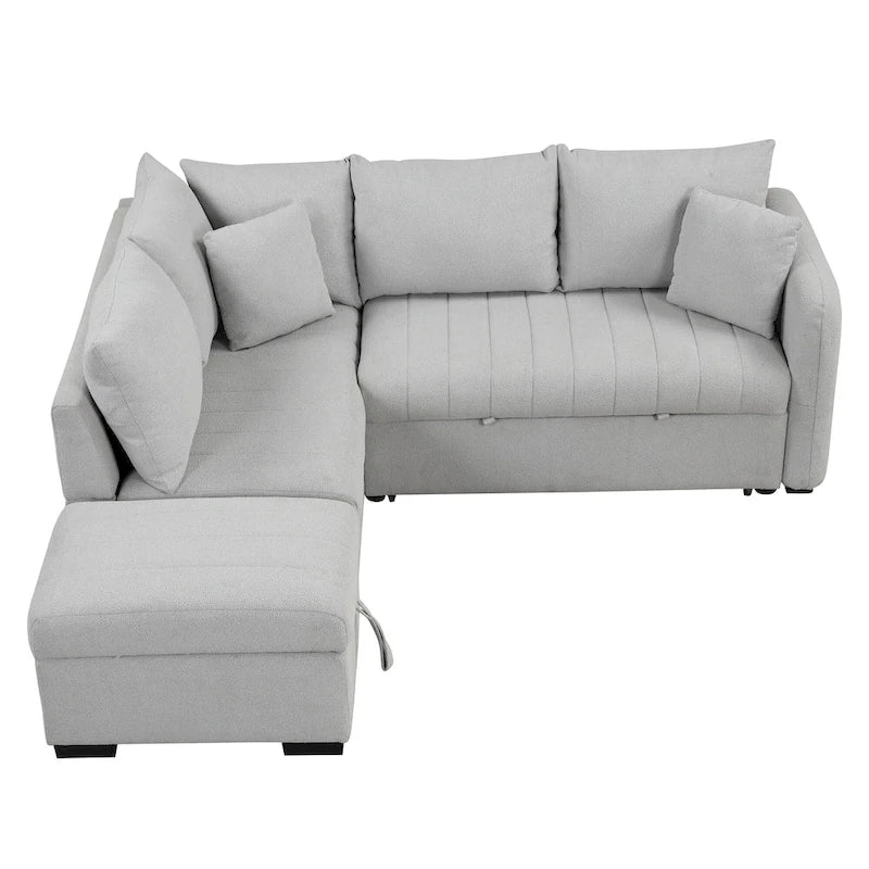 Canapé-lit d'angle 3-4 places beige/gris, avec ports USB et pouf de rangement