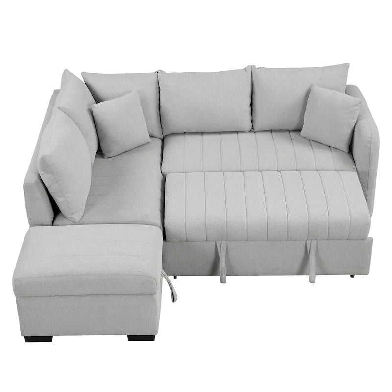 Canapé-lit d'angle 3-4 places beige/gris, avec ports USB et pouf de rangement