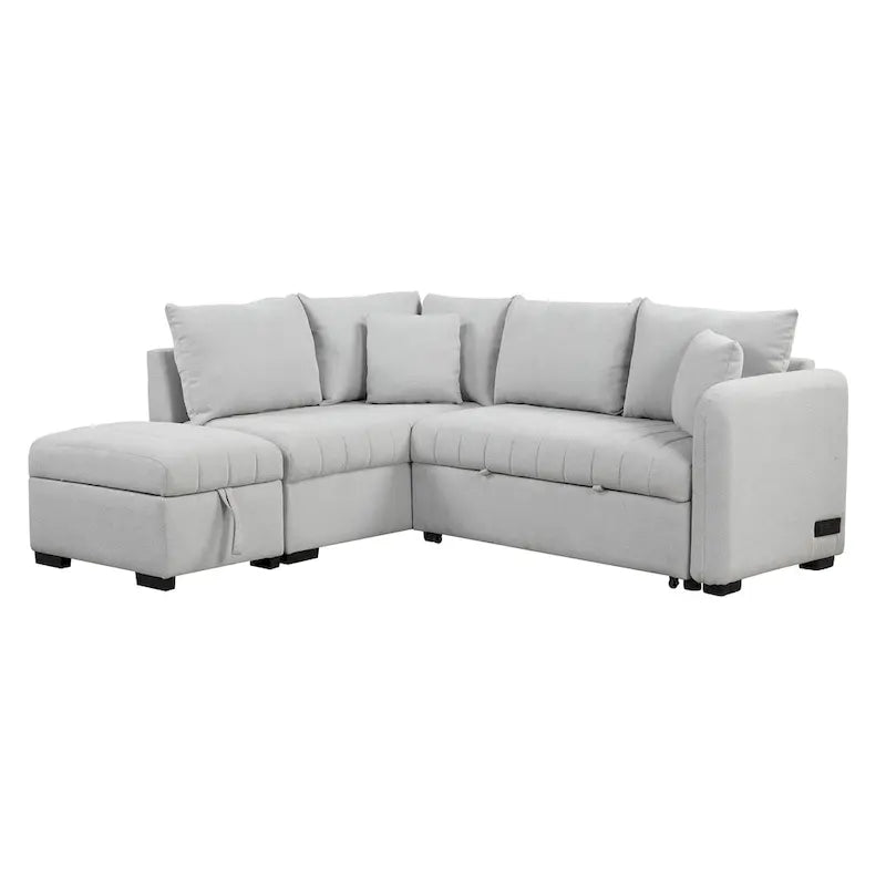 Canapé-lit d'angle 3-4 places beige/gris, avec ports USB et pouf de rangement