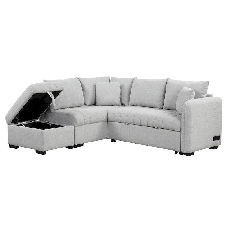 Canapé-lit d'angle 3-4 places beige/gris, avec ports USB et pouf de rangement