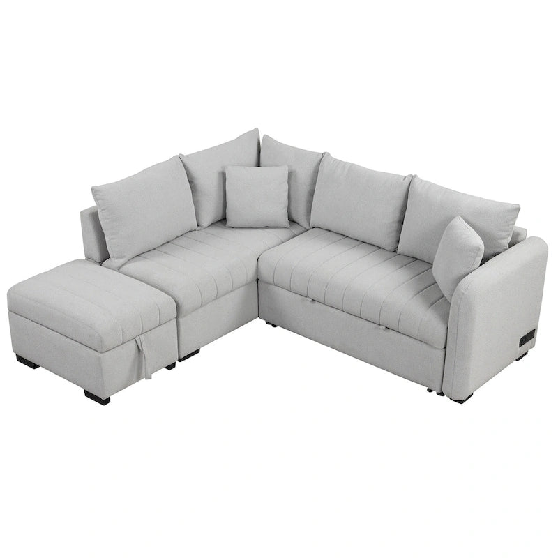 Canapé-lit d'angle 3-4 places beige/gris, avec ports USB et pouf de rangement
